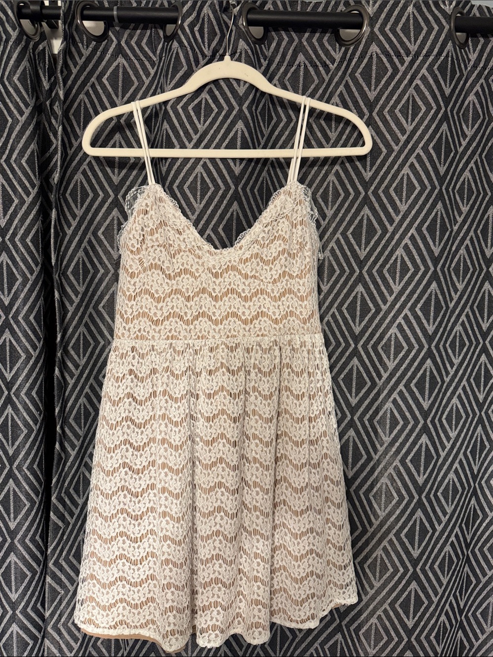 Lace Spaghetti-Strap Mini Dress in Ivory
